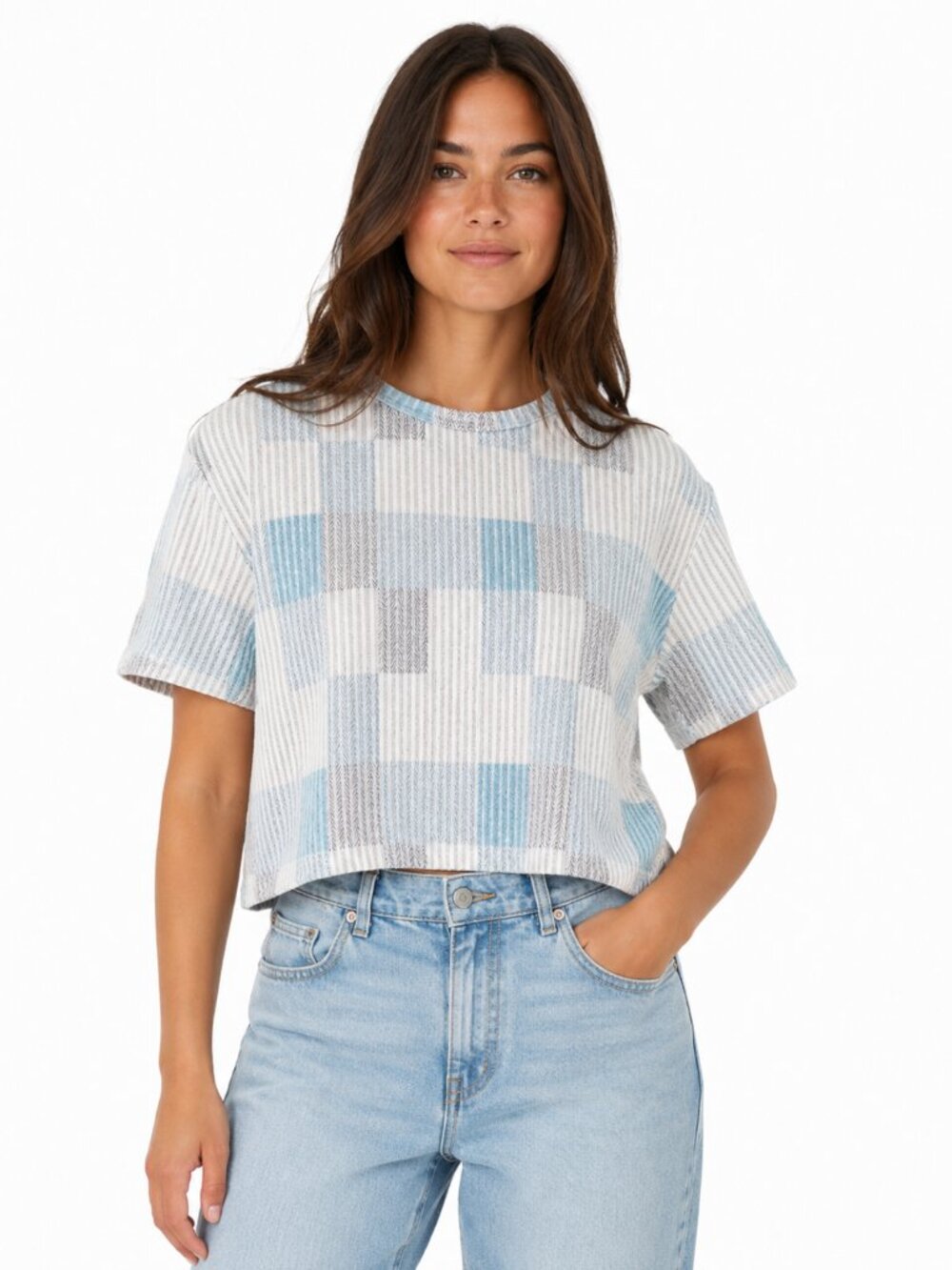 NWT Pie In The Sky Blue Plaid Ribbed Asymmetric Top S